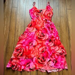 Lulu's Sunny Certainty Red & Orange Floral Chiffon Wrap Midi Dress Size M